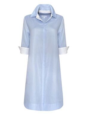 Perlavera Womens Sila Blue White Cotton Shirt Dress Small Contrast Cuffs Coastal